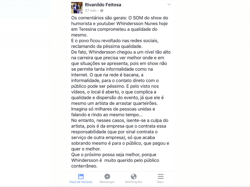 Comentário no facebook.