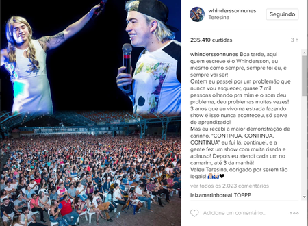 Postagem do humorista Whindersson Nunes em sua conta no Instagram