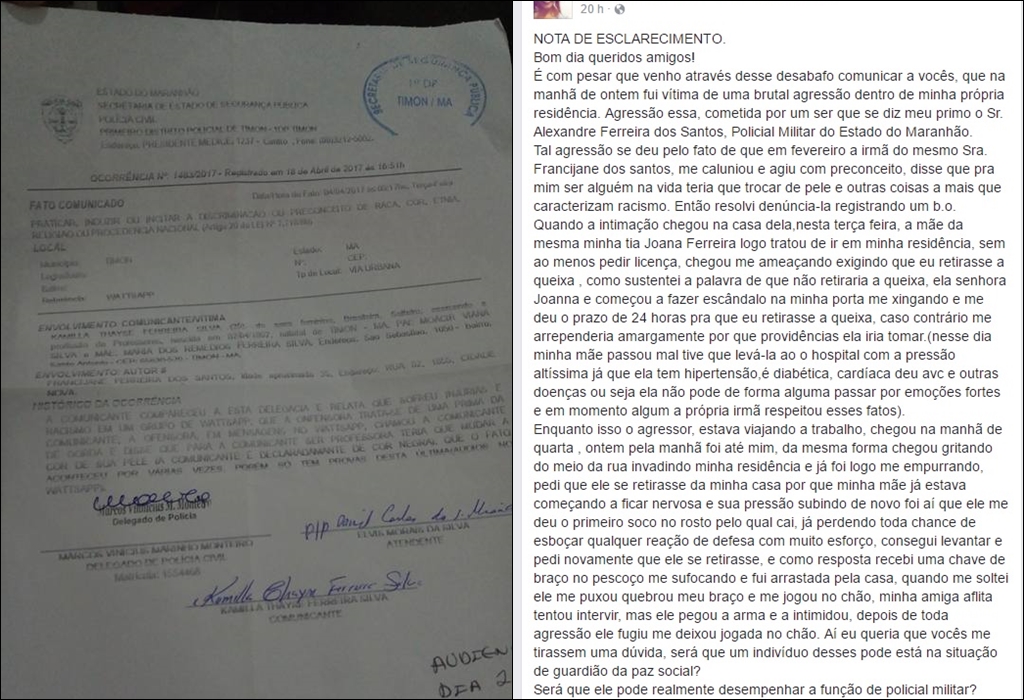 Boletim com denúncia de racismo e relato no Facebook
