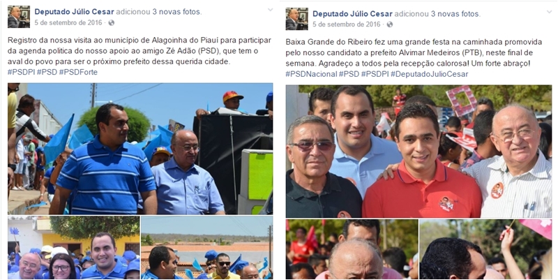 Publicações na página oficial do deputado Júlio César