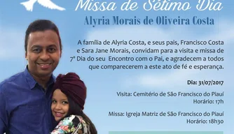 Convite para a missa de 7º dia de Alyria Moraes Costa