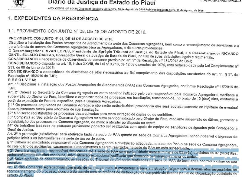 Decreto de agregação das Comarcas feito pelo TJ-PI