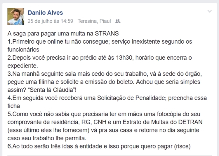 Motorista reclama do serviço de pagamento de multas da Strans