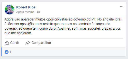 Robert Rios fez uma publicação em sua rede social nesta terça-feira (12).