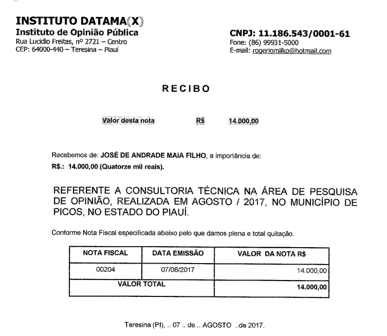 Recibo da contratação do serviço.