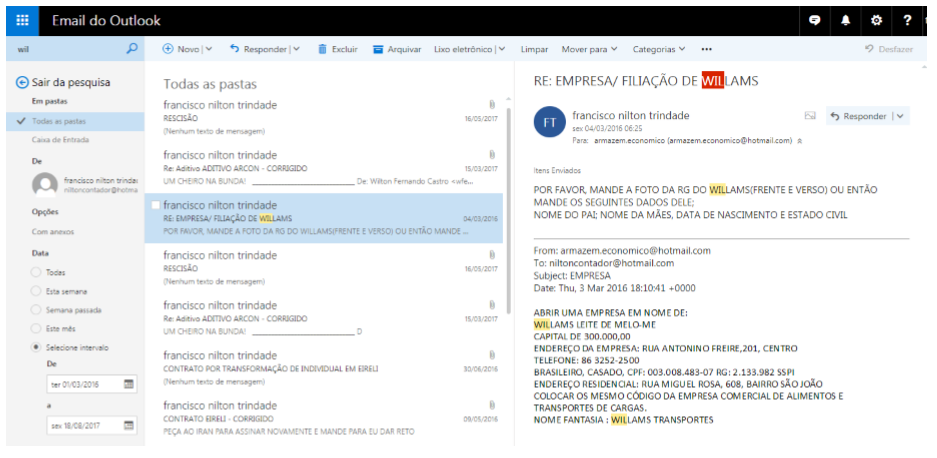 E-mail mostra pedido de Willams a Nilton para abertura de novas empresas.