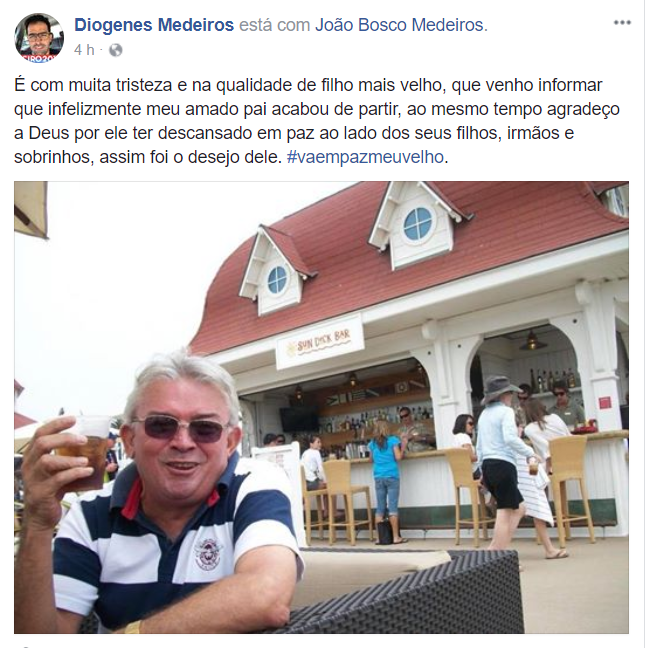 Publicação de Diogenes Medeiros lamentando a morte do pai