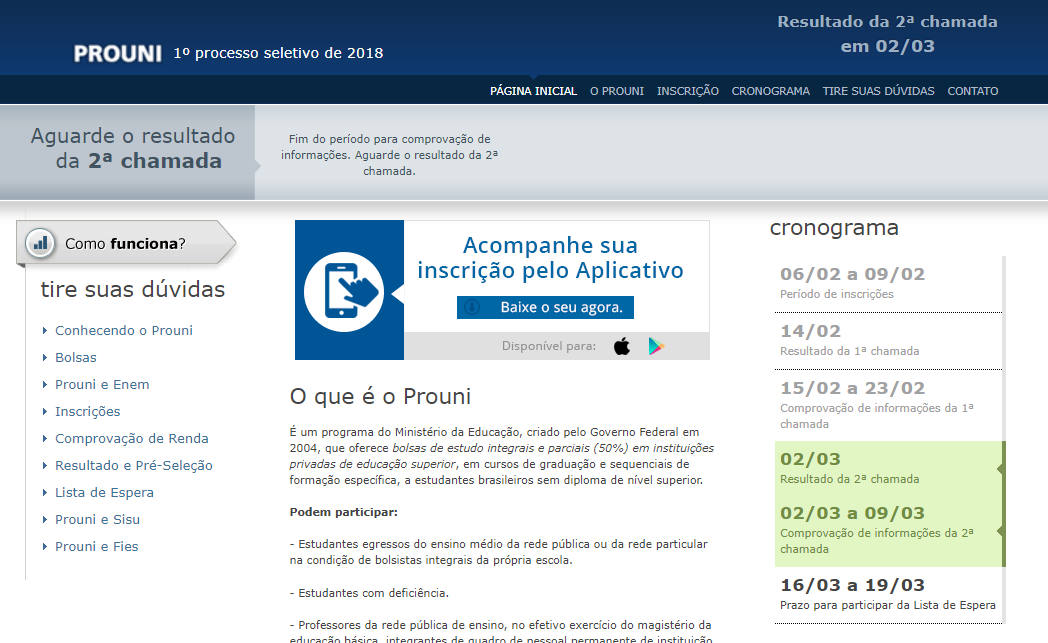 Segunda chamada do Prouni será divulgada hoje (02).