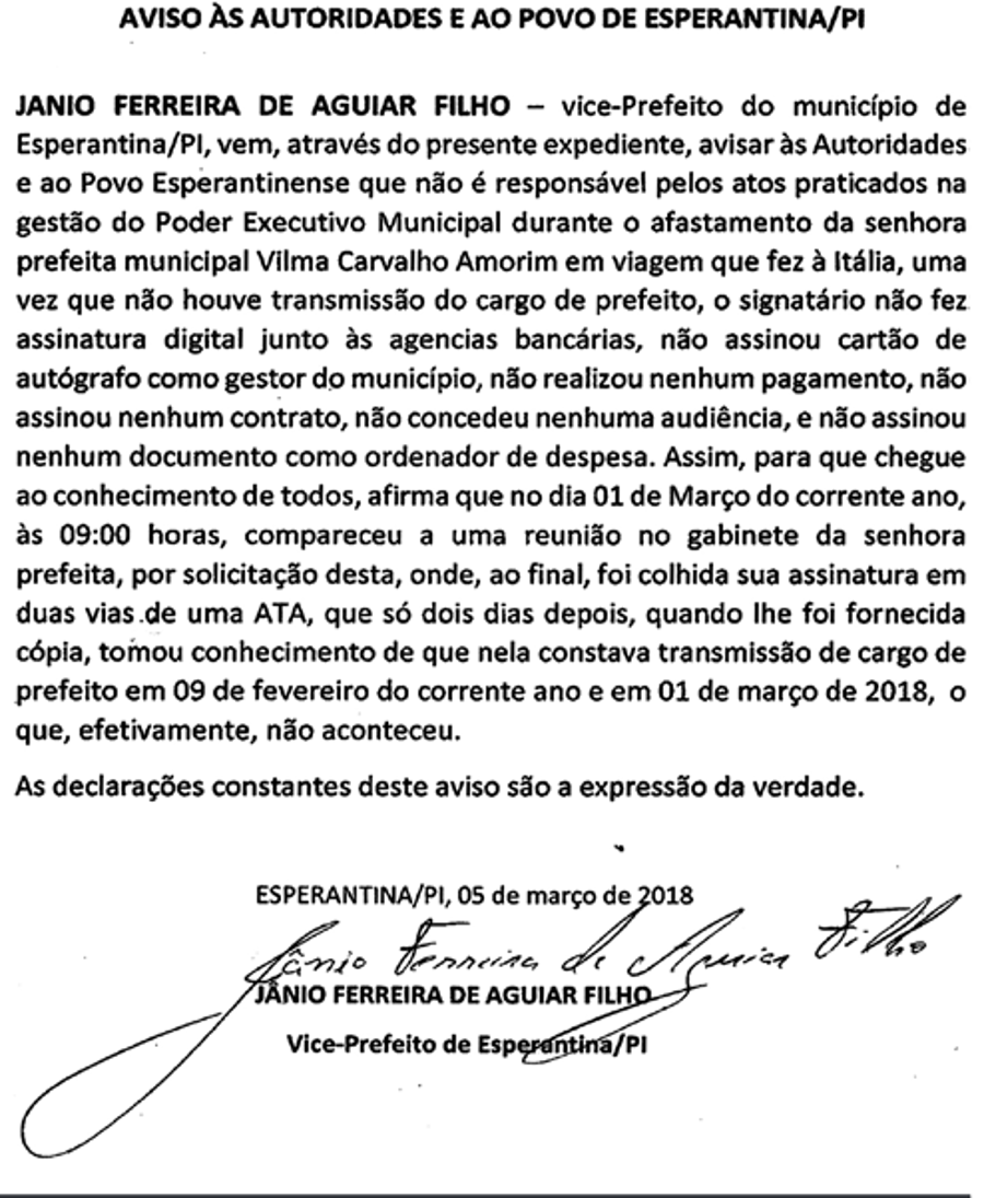 Vice nega ter assumido prefeitura e afirma ter sido enganado ao assinar documento de transmissão de cargo