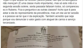 A vereadora publicou suas críticas à sessão solene.