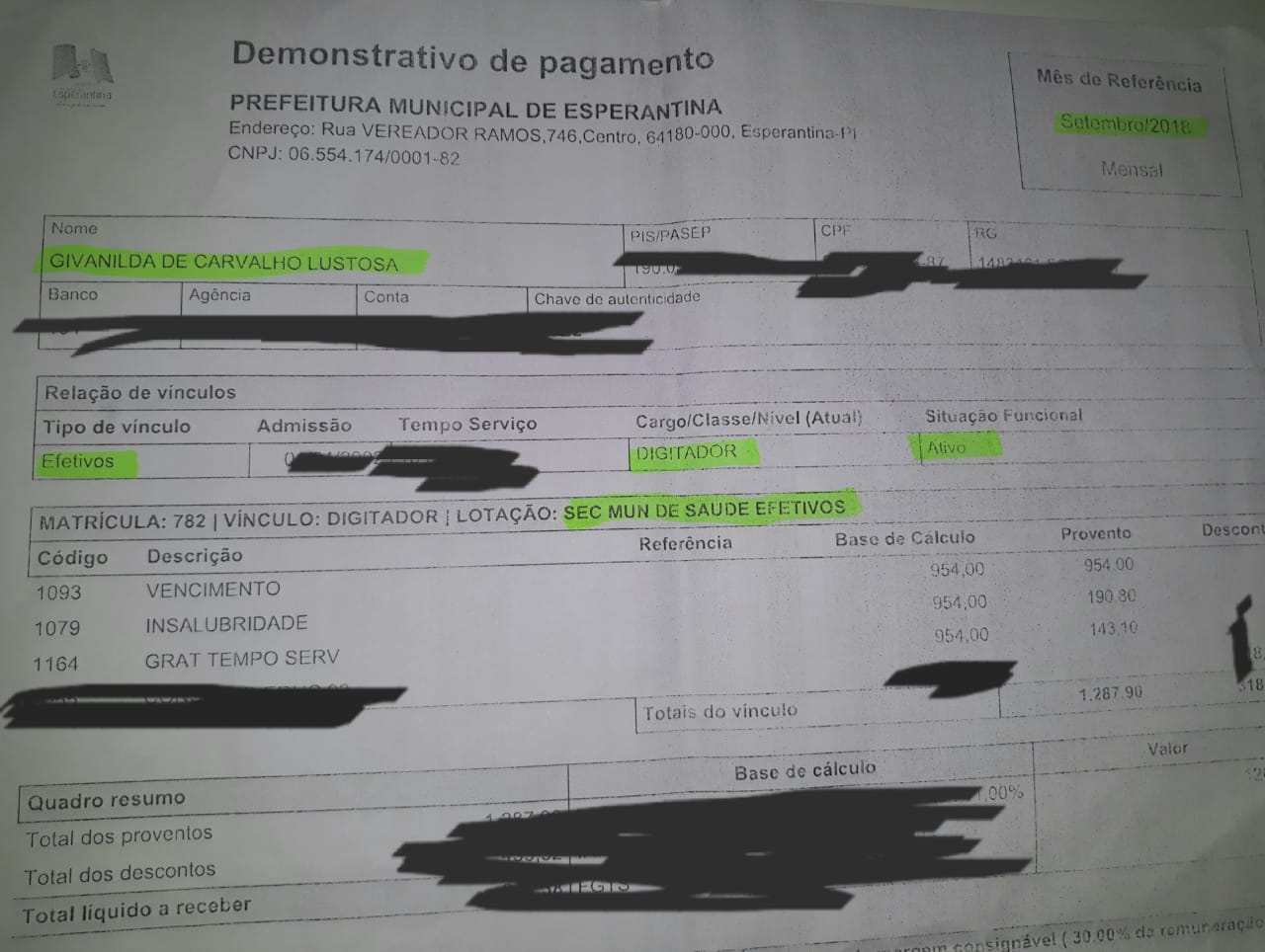 Contracheque da denunciante