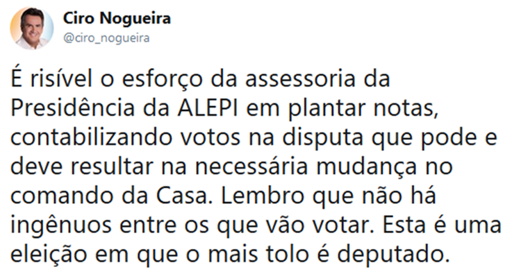 Postagem realizada por Ciro Nogueira no Twitter.