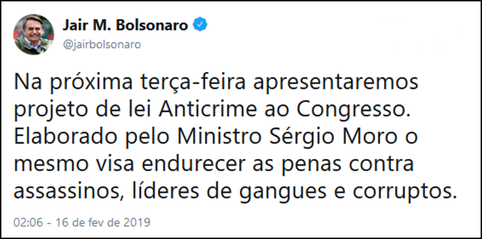 Postagem feita pelo presidente Jair Bolsonaro no Twitter.