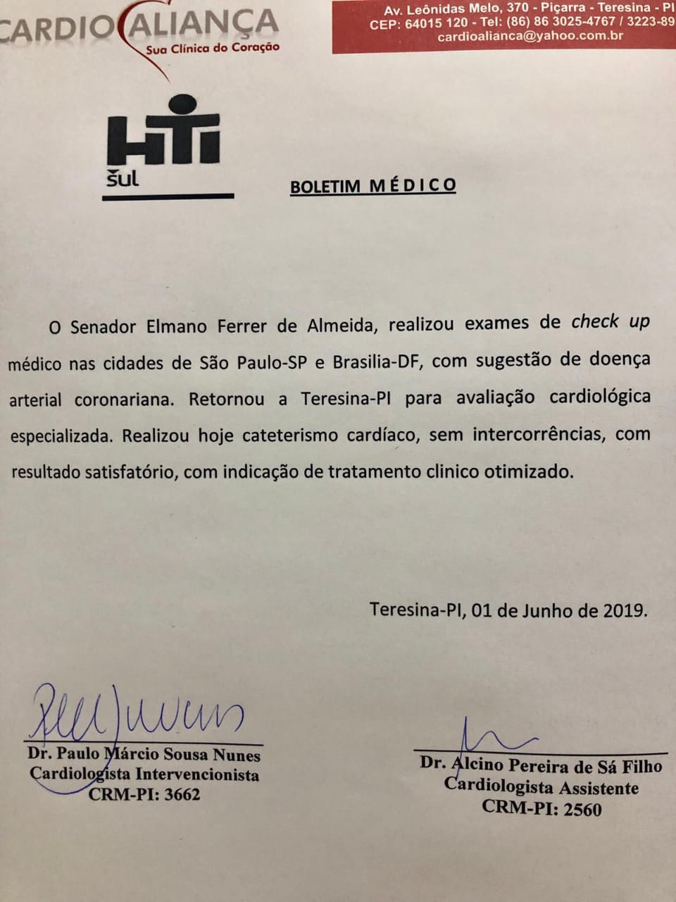 Boletim médico do senador Elmano Férrer