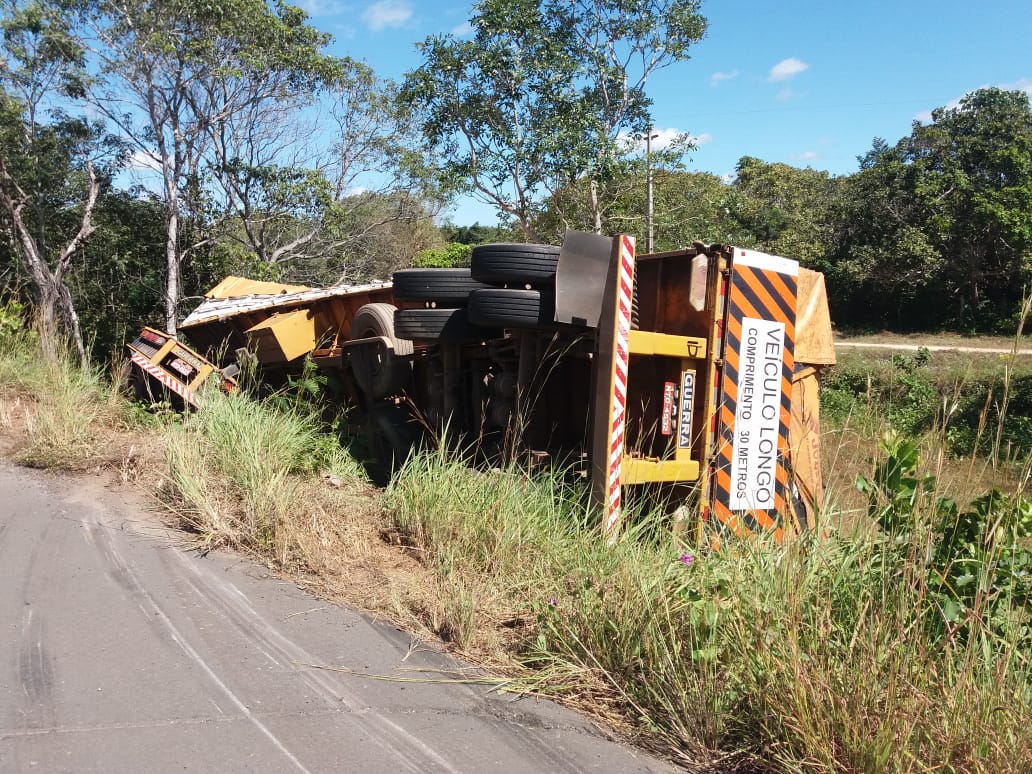 O veículo de carga invadiu o matagal próximo ao acostamento da rodovia.