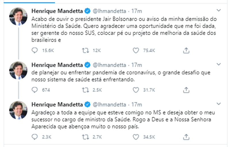 Mensagem de Mandetta nas redeis sociais