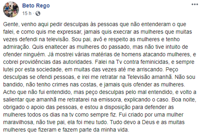 Publicação feita por Beto Rego sobre suas declarações no Balanço Geral.