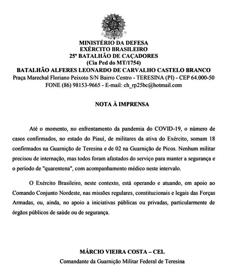 Militares do 25º BC são afastados após testarem positivo para a Covid-19