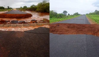 Rodovia rompe após chuvas intensas.