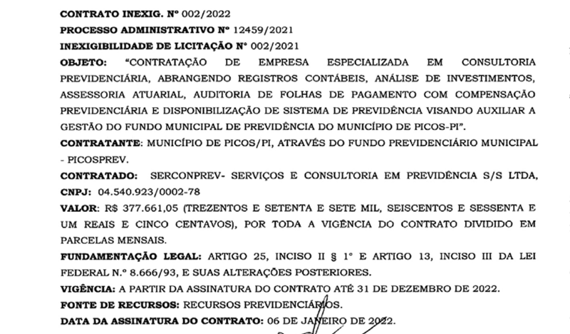 Contrato assinado pelo prefeito de Picos.