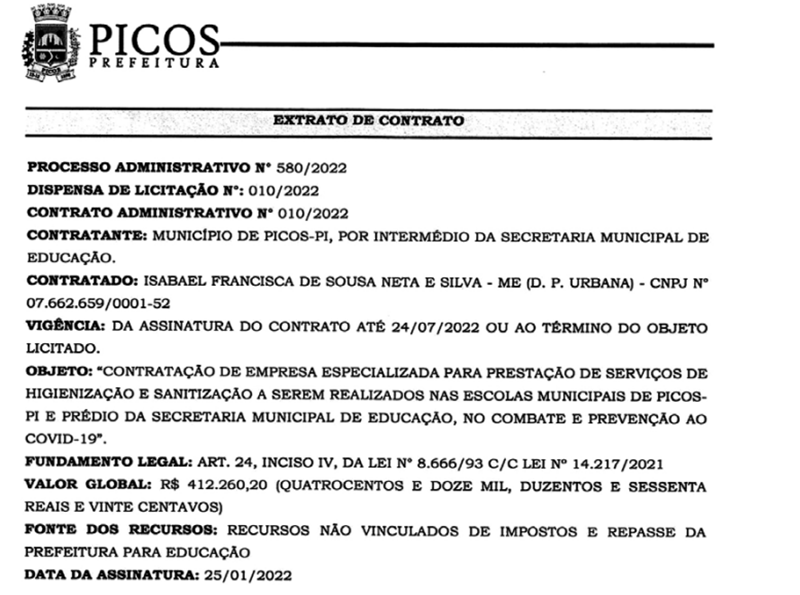 Contrato assinado pelo prefeito de Picos.