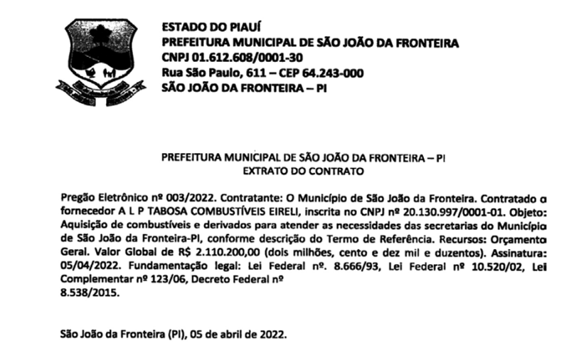 Contrato assinado pelo prefeito Erivan O Gongo.