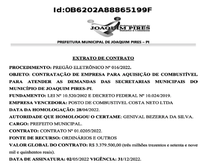 Contrato firmado pelo prefeito de Joaquim Pires, Genival Bezerra