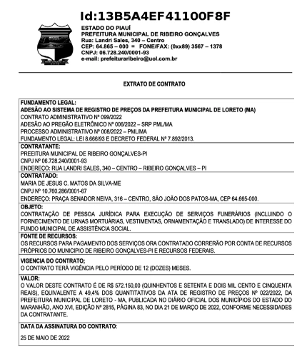 Contrato firmado pelo prefeito de Ribeiro Gonçalves, Dr. Lindenberg