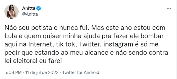 Publicação de Anitta no Twitter