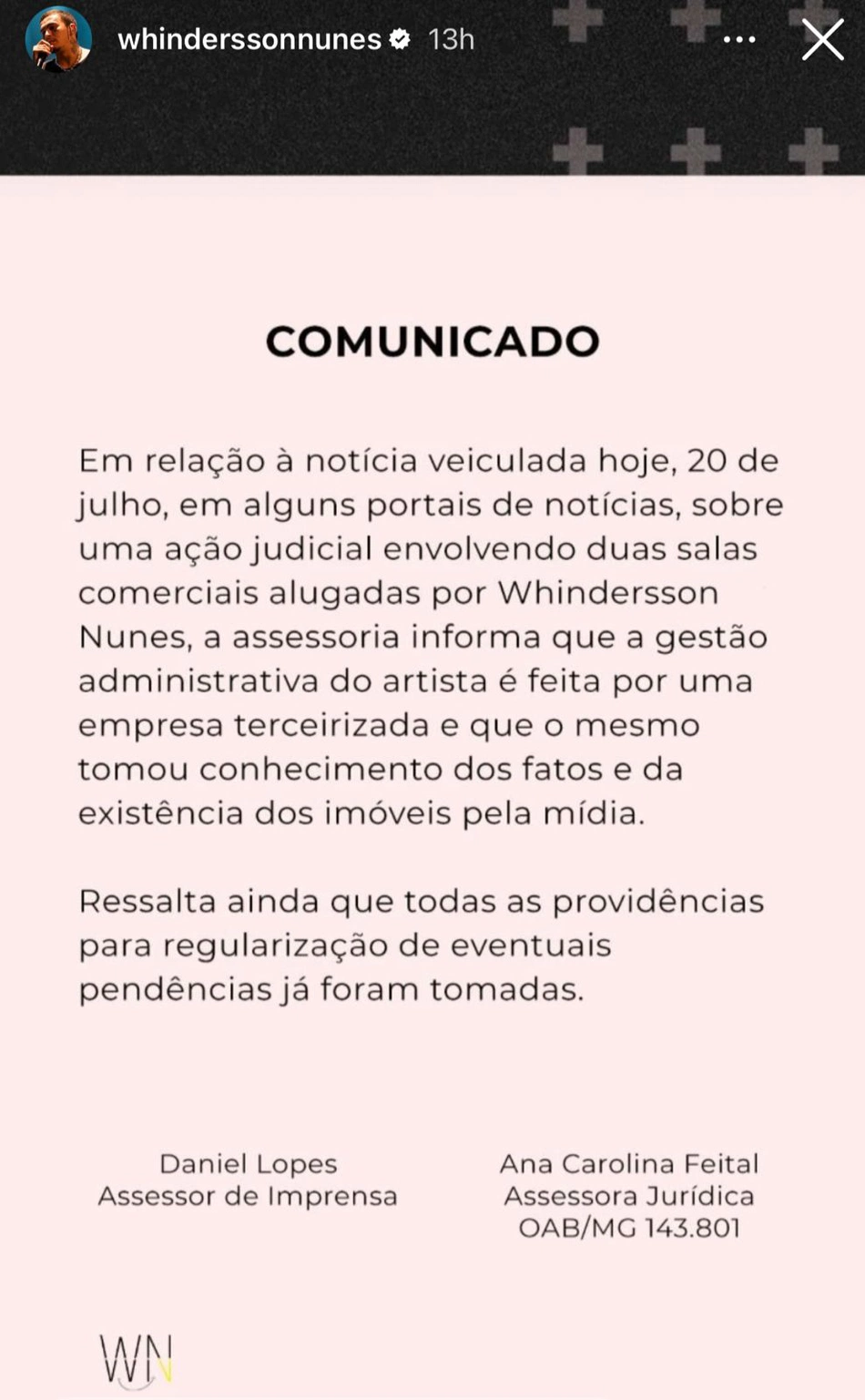 Comunicado assessoria de Whindersson Nunes