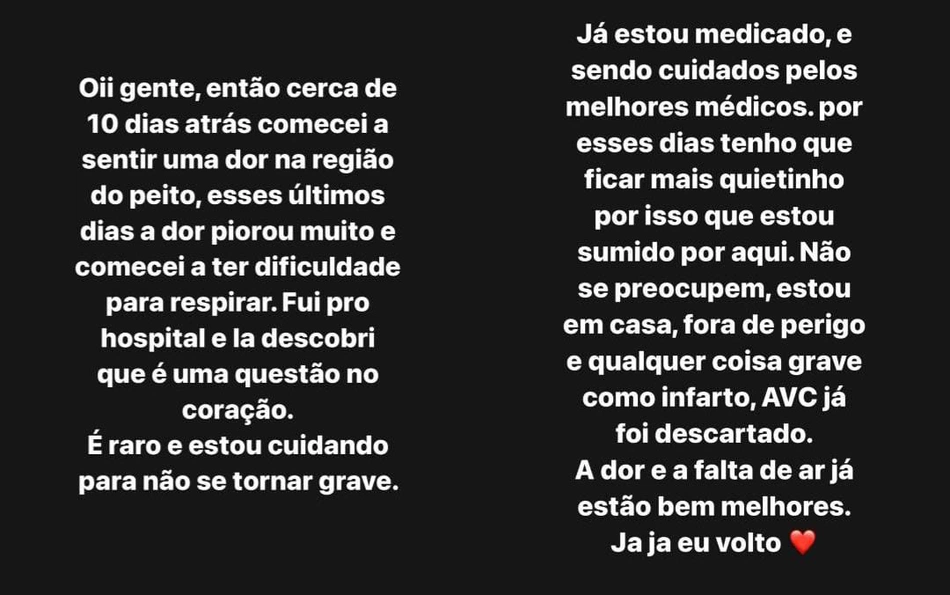 Eliezer comunica os fãs que possui síndrome rara no coração.