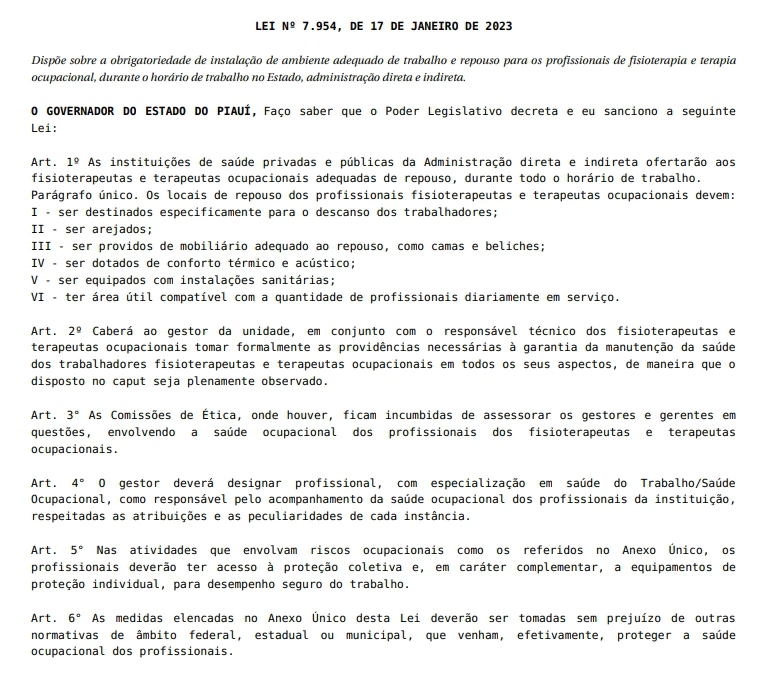 Lei que garante ambientes de repouso para fisioterapeutas no Piauí.