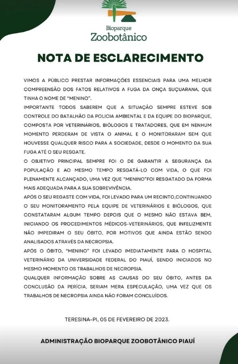 Nota de Esclarecimento do Zoobotânico de Teresina.