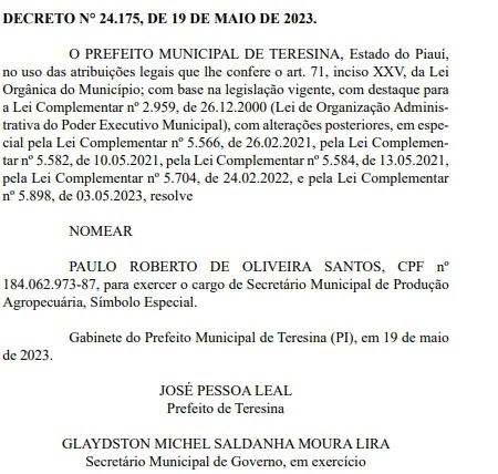 Paulo Roberto da Illuminação é nomeado Secretário de Produção Agropecuária de Teresina