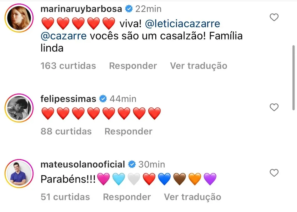 Comentários de famosos no post de Letícia e Juliano Cazarré