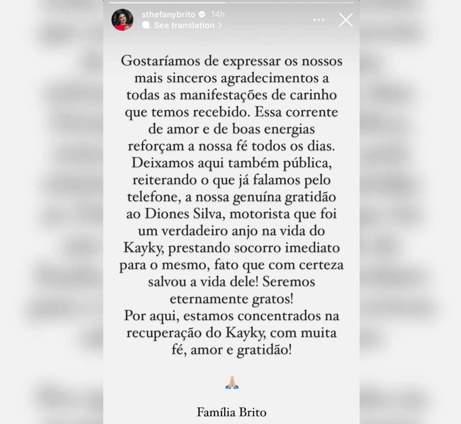 Comunicado de Sthefany Brito, irmã de Kayky Brito