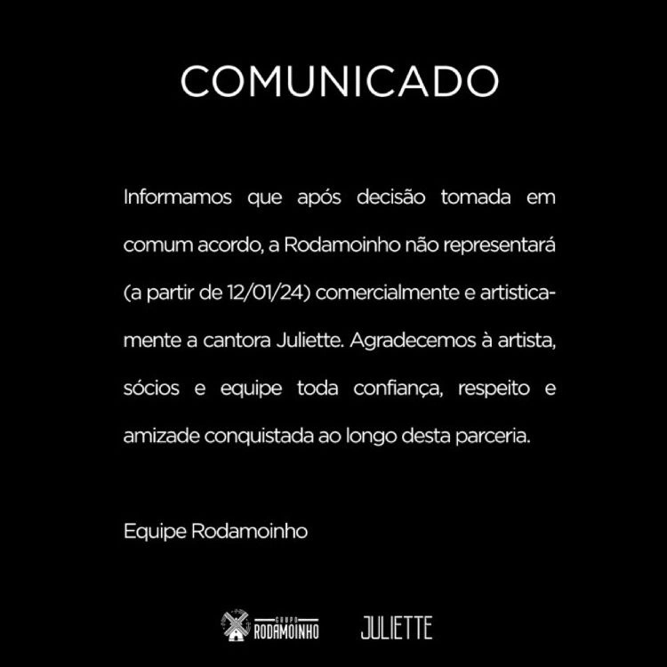 Comunicado emitido por Juliette e pela empresa Rodamoinho