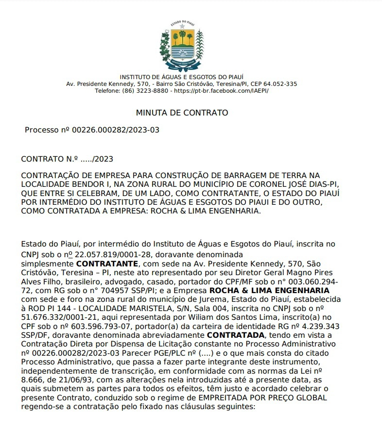 Minuta do contrato com a construtora Rocha & Lima Engenharia.