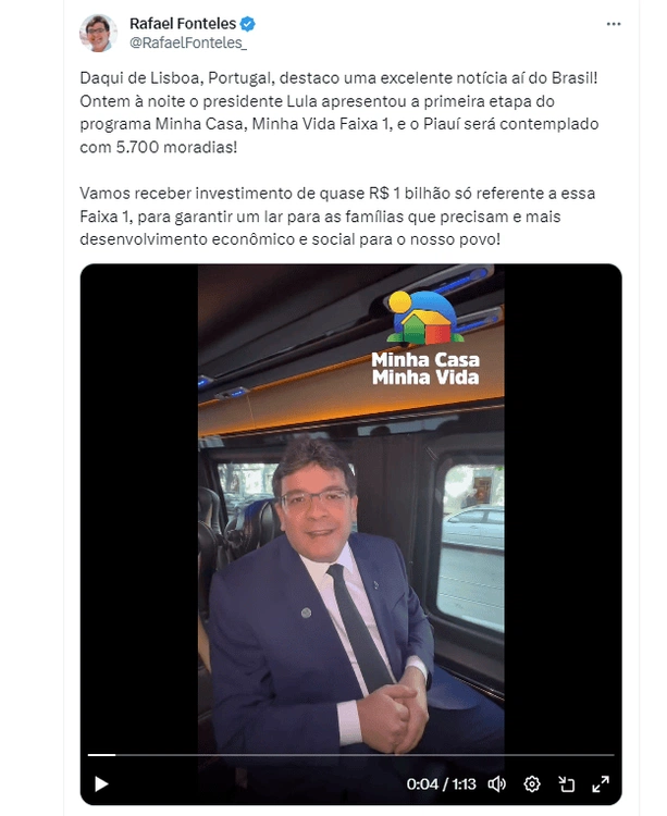 Rafael Fonteles agradece as 5.700 casas a serem construídas através do Minha casa Minha vida