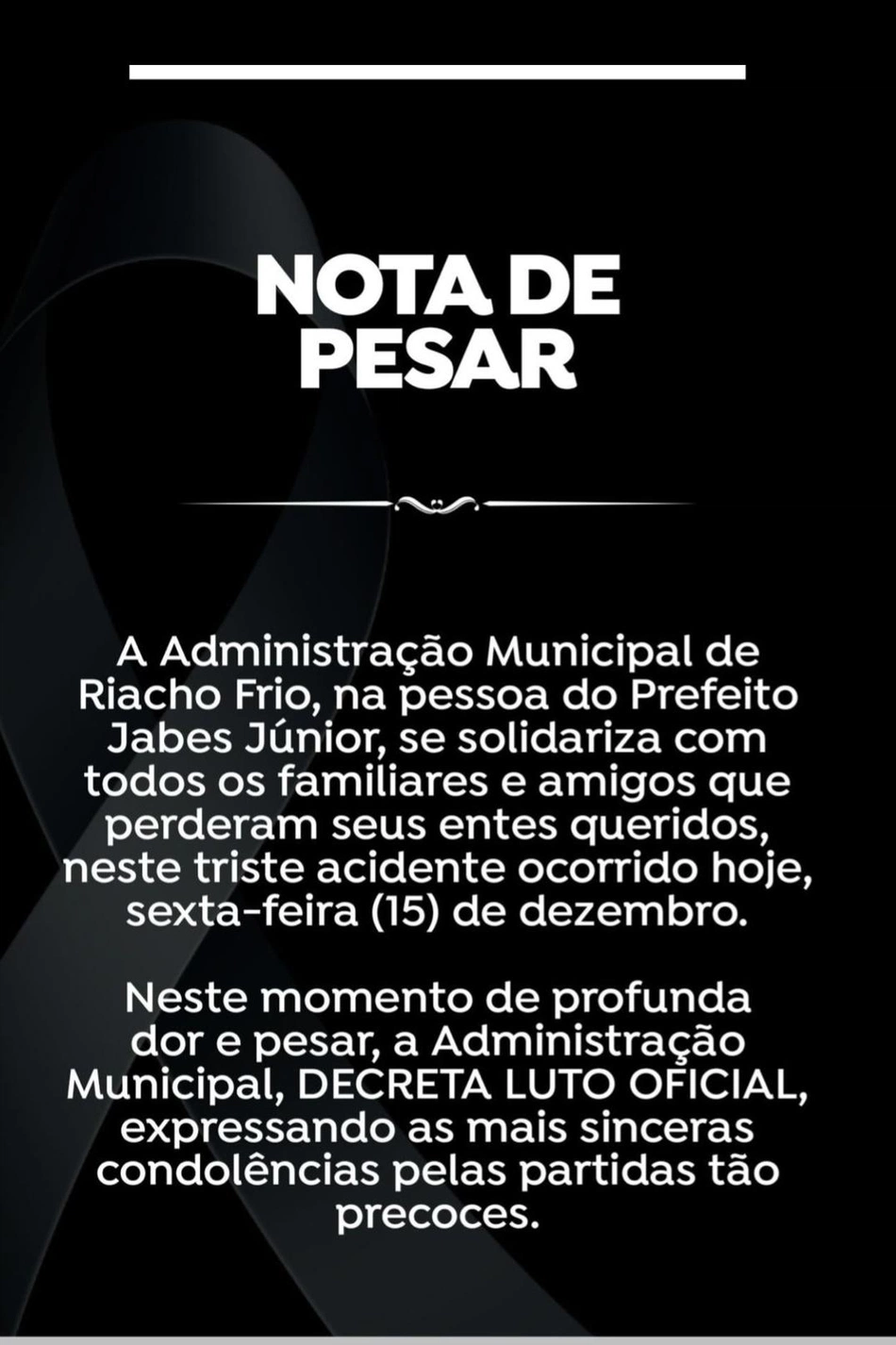 Nota de pesar da prefeitura de Riacho Frio