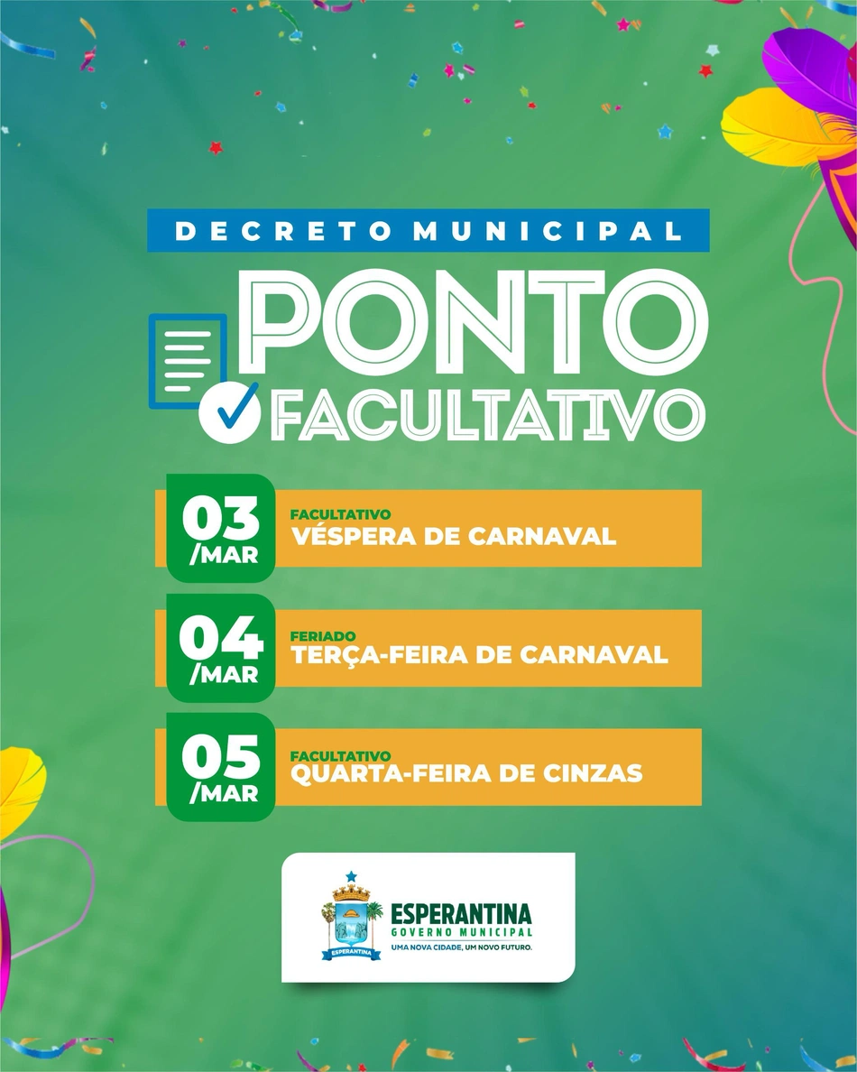 Prefeitura de Esperantina decreta ponto facultativo durante o Carnaval