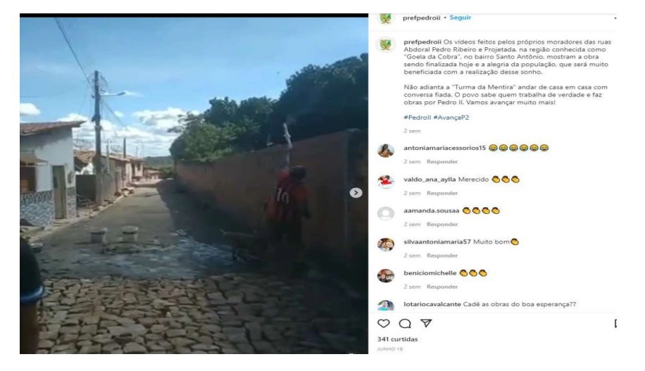 Print de publicação no Instagram da Prefeitura de Pedro II