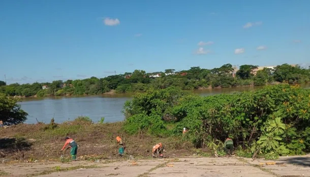 Trabalhos de limpeza no cais do Rio Paranaíba