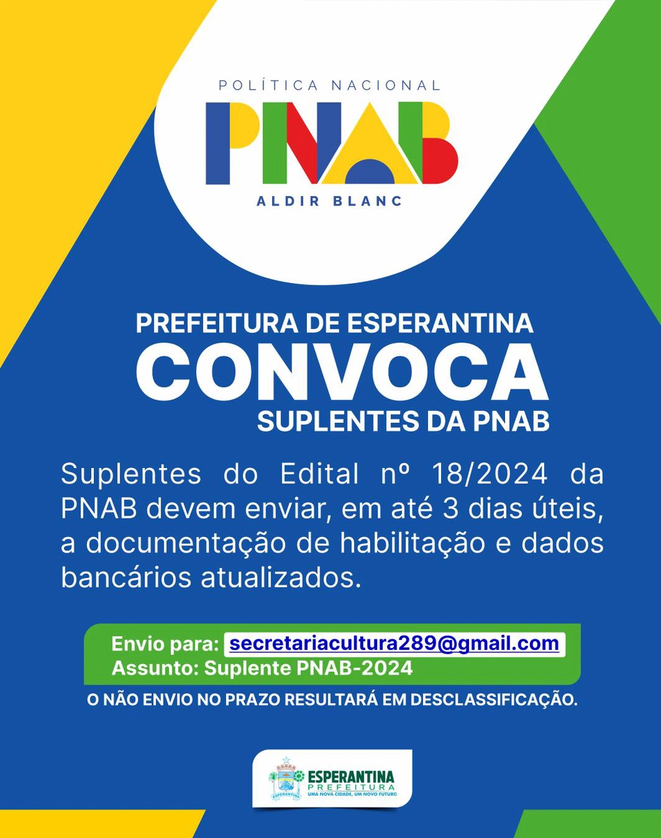 Prefeitura de Esperantina convoca suplentes da PNAB