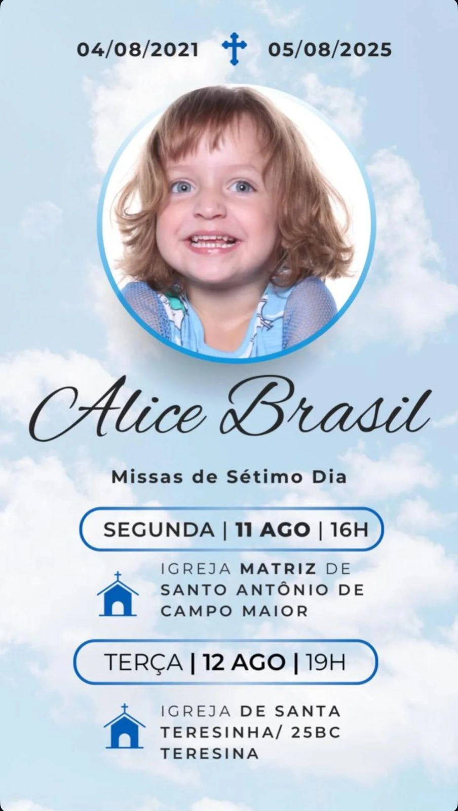 Missas de sétimo dia em memória da pequena Alice Brasil