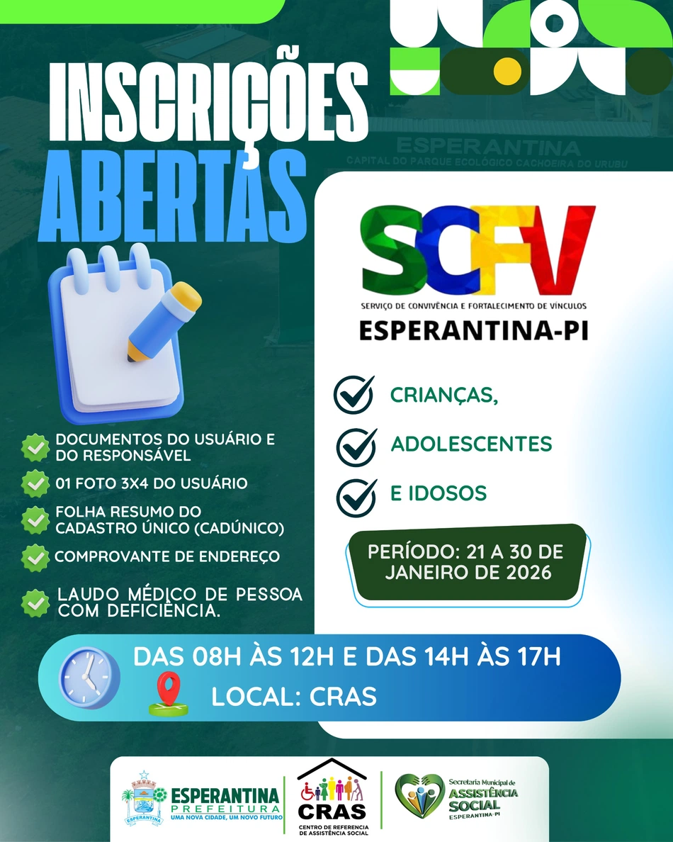 Inscrições para o SCFV em Esperantina