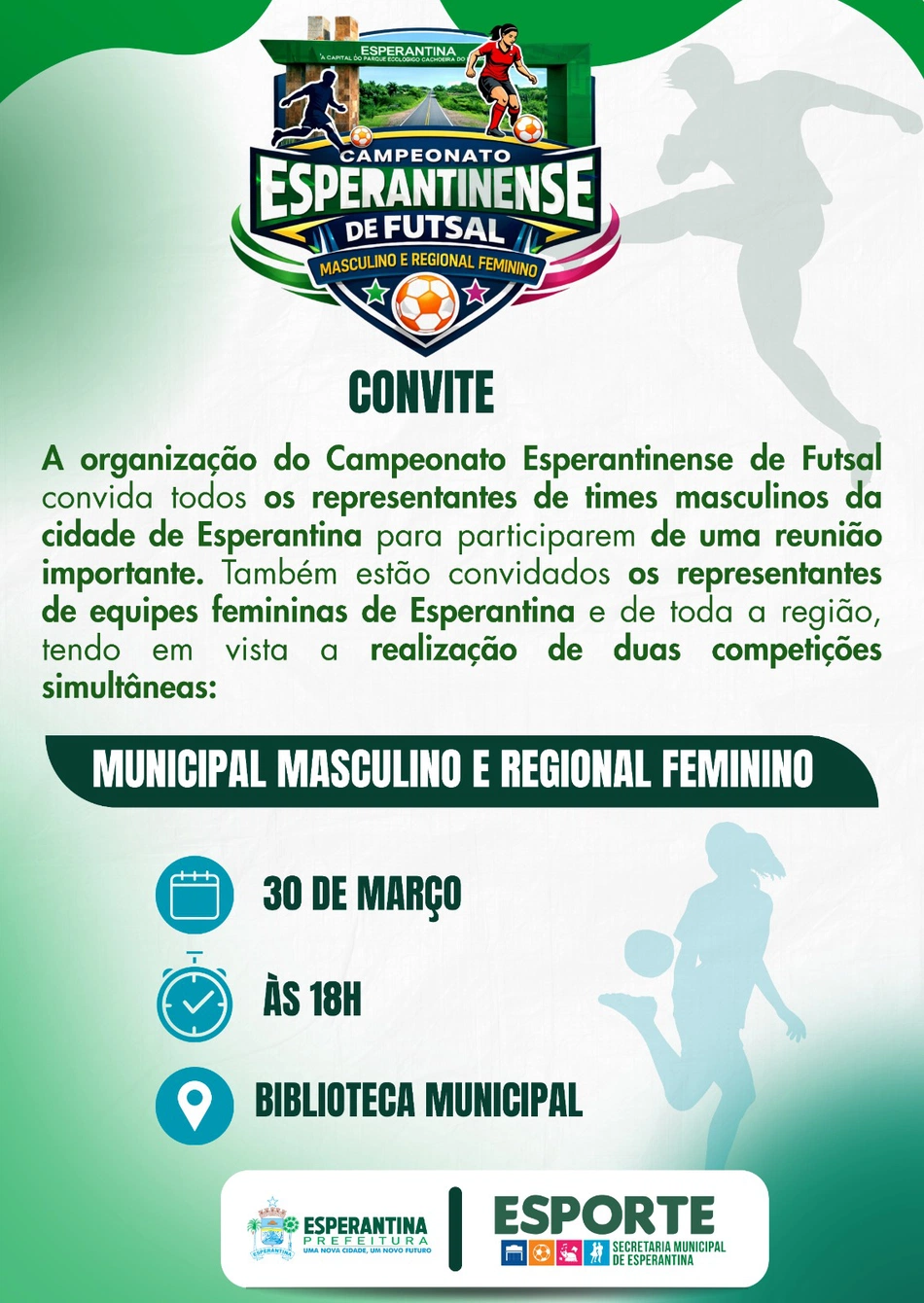 Prefeitura de Esperantina convoca representantes de times para o Campeonato Esperantinense de Futsal 2026