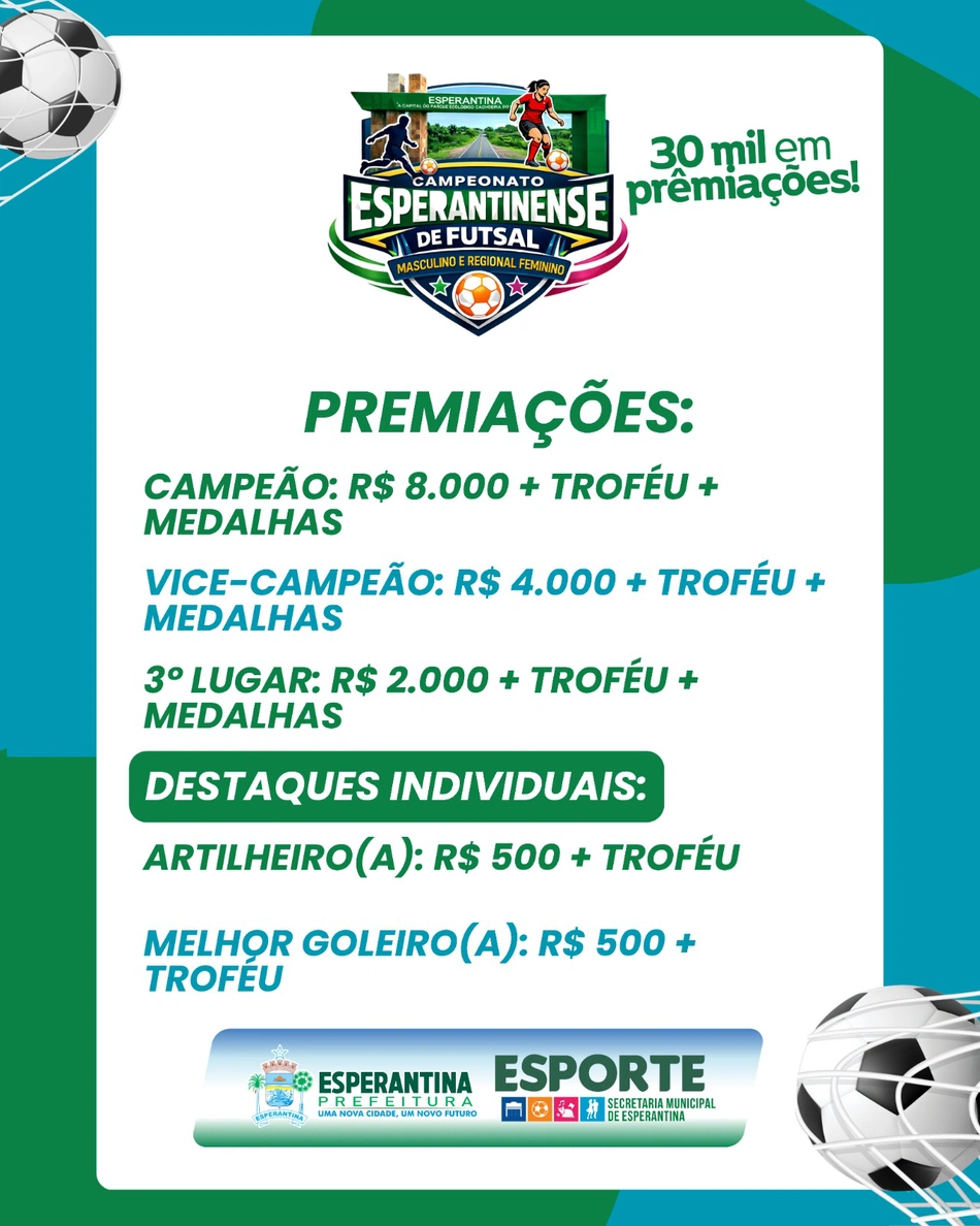 Prefeitura de Esperantina abre inscrições para o Campeonato Esperantinense de Futsal