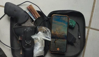 Arma e drogas apreendidas
