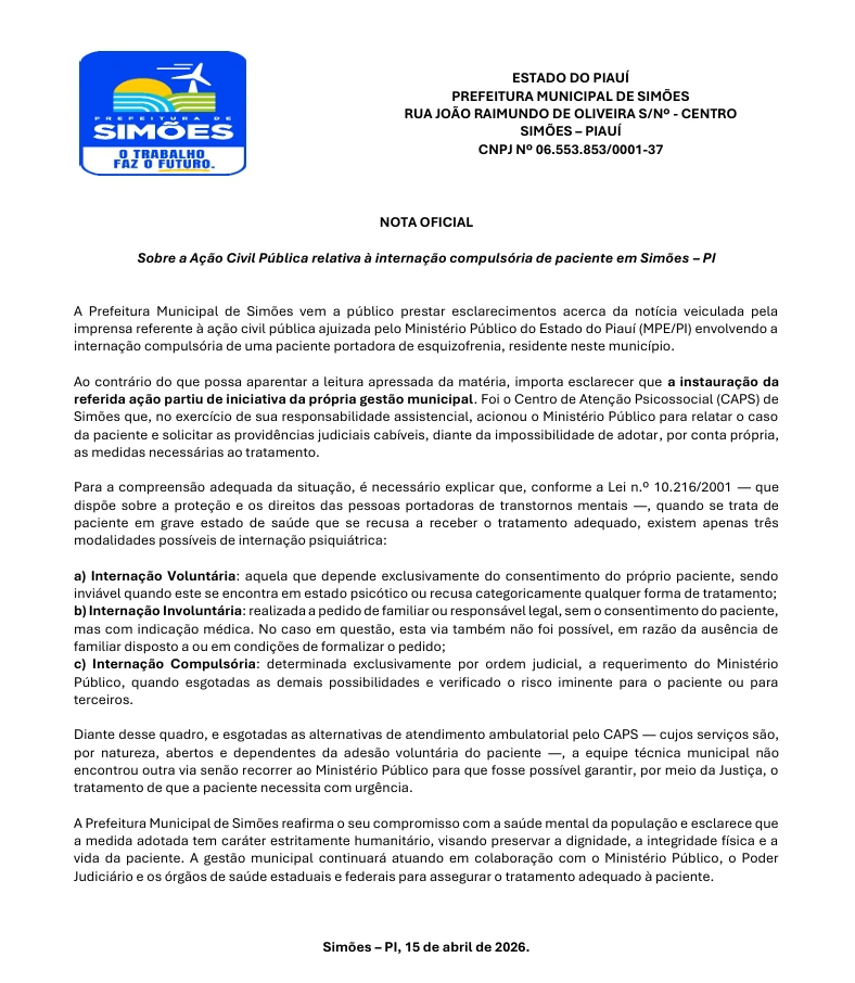 Nota da Prefeitura de Simões